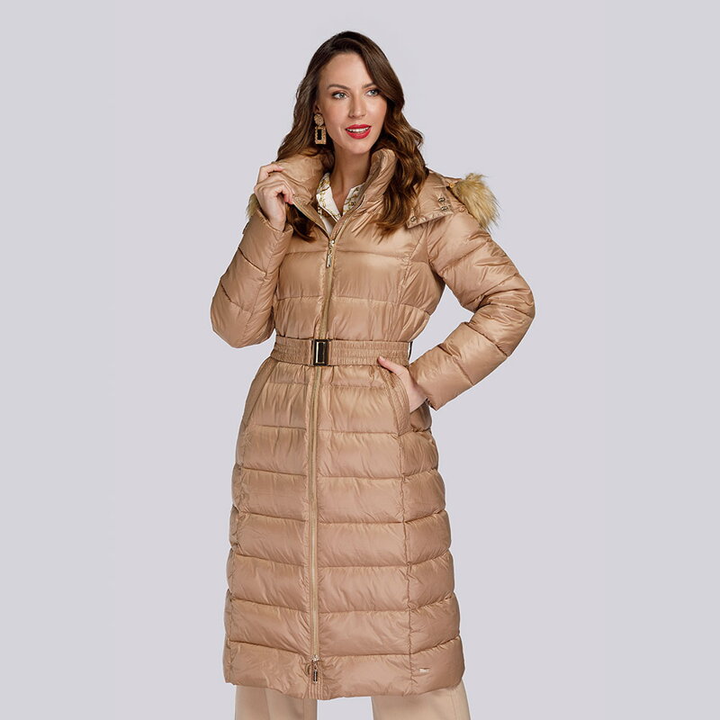 Damski płaszcz zimowy klasyczny z kapturem beżowy 93-9D-401-5