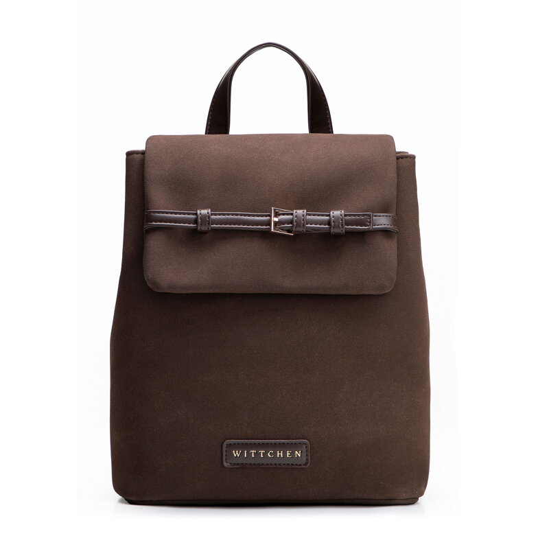 Damski plecak z imitacji skóry z dekoracyjnym paskiem brązowy 101-4Y-421-4