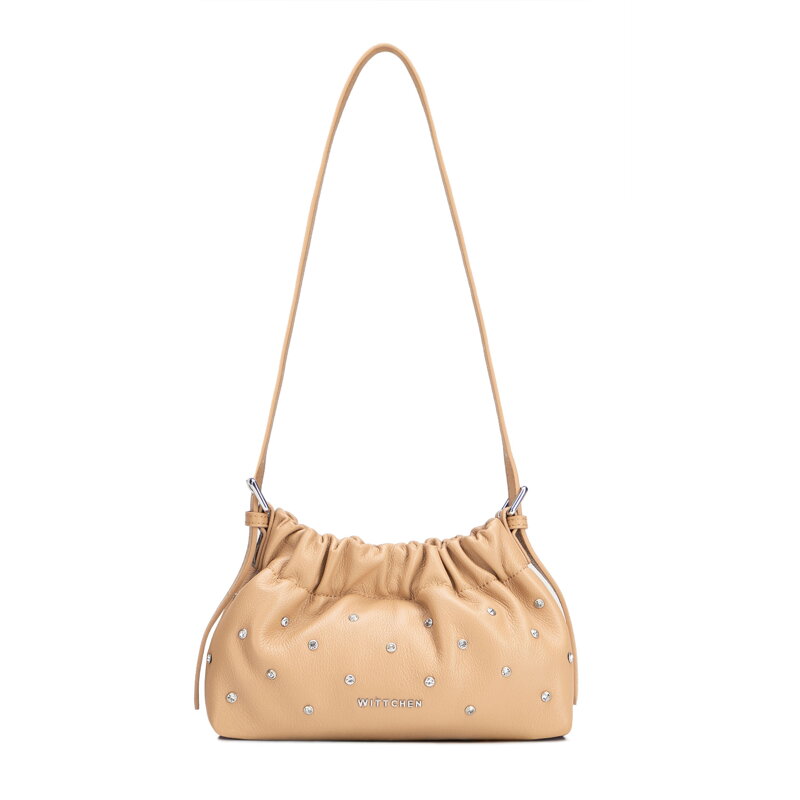 Damski worek ze skóry naturalnej mini z dżetami beżowy 102-4E-617-9