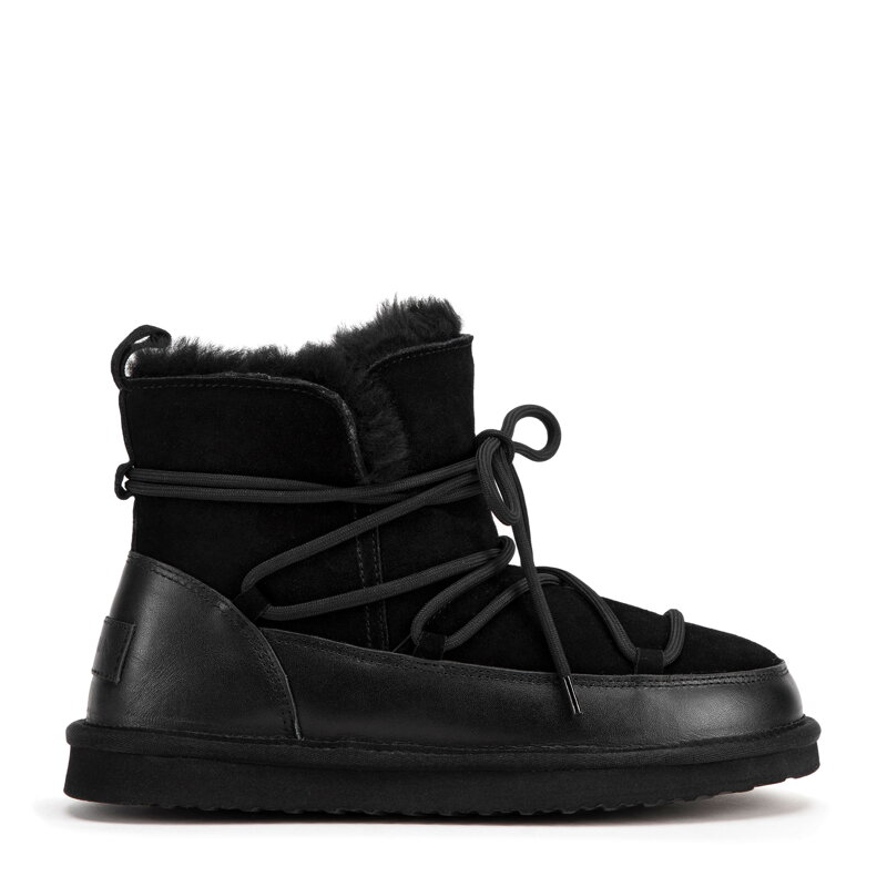 Damskie botki sznurowane z futerkiem czarne 99-D-854-1