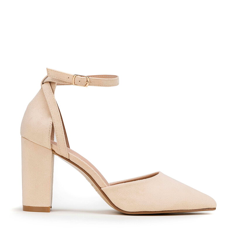 Damskie czółenka z ekozamszu na słupku beżowe 98-DP-207-9