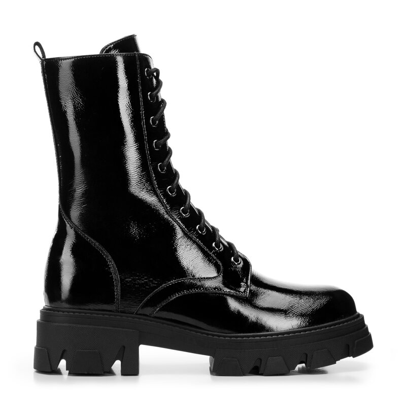 Damskie glany skórzane na grubej platformie czarno-grafitowe 97-D-526-1L