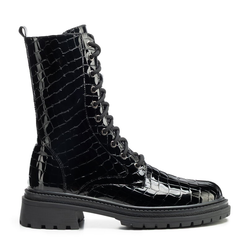 Damskie glany z lakierowanej skóry croco czarne 101-D-970-1 Damskie glany z lakierowanej skóry croco czarne 101-D-970-1