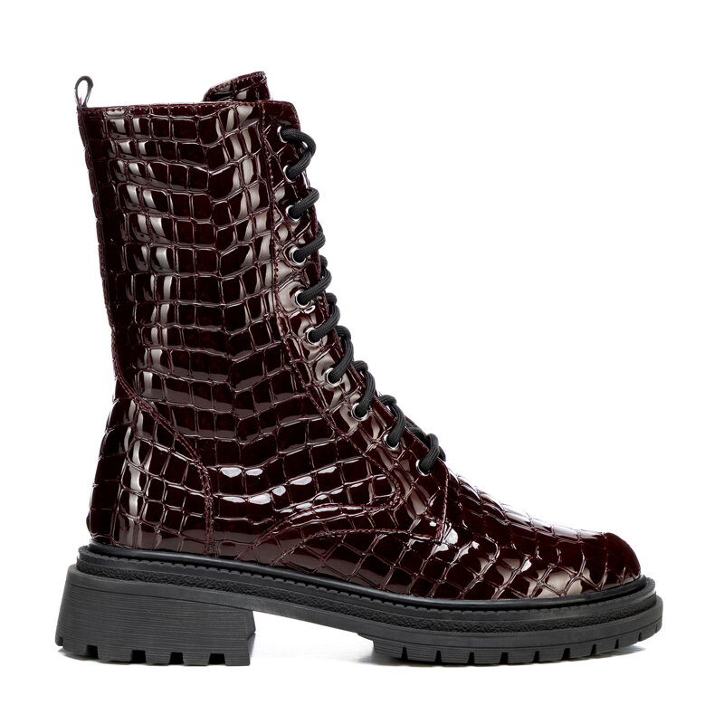 Damskie glany z lakierowanej skóry croco bordowe 101-D-970-3 Damskie glany z lakierowanej skóry croco bordowe 101-D-970-3