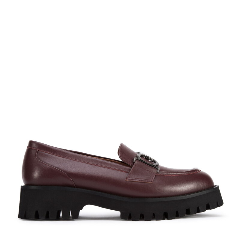 Damskie mokasyny ze skóry z klamrą na grubej podeszwie bordowe 95-D-517-3