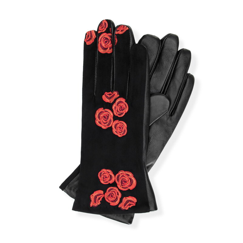 Damskie rękawiczki ocieplane z haftowanymi kwiatami czarno - czerwone 39-6L-033-13