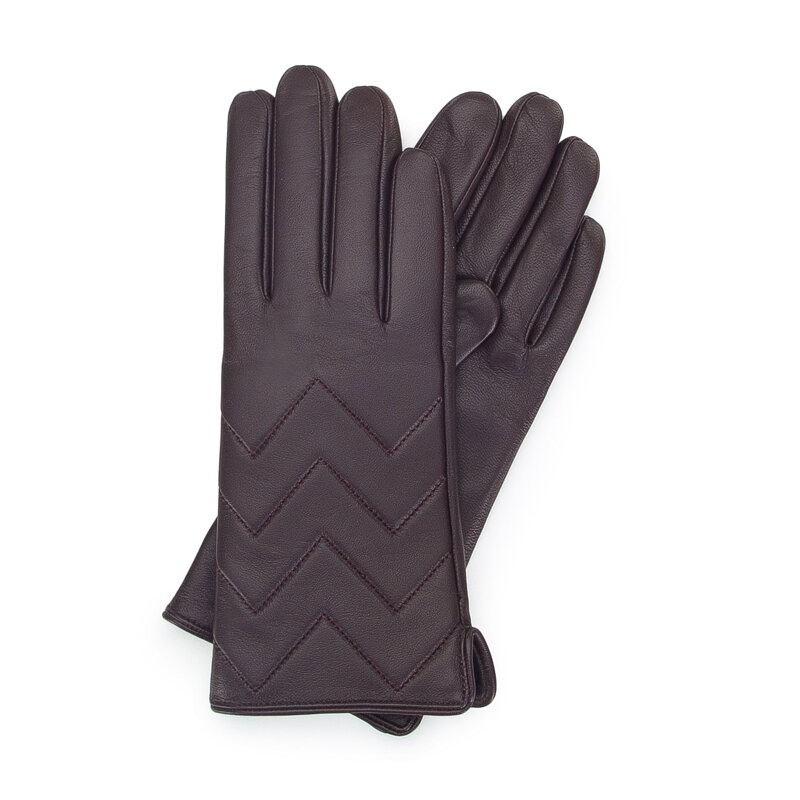 Damskie rękawiczki skórzane pikowane w zygzaki ciemny brąz 39-6A-008-2