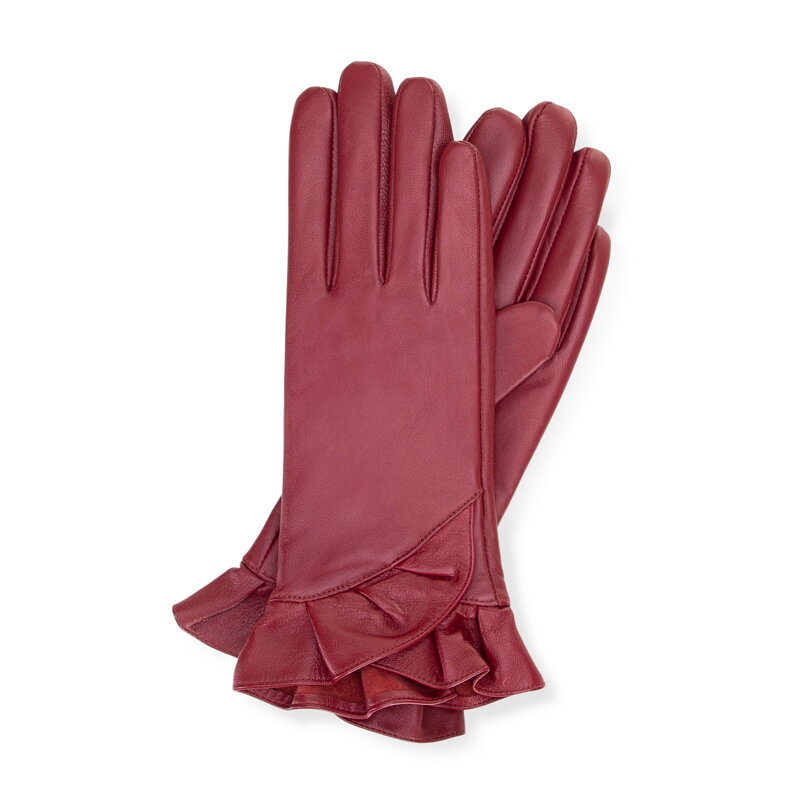Damskie rękawiczki skórzane z dekoracyjną falbaną bordowe 39-6L-032-3