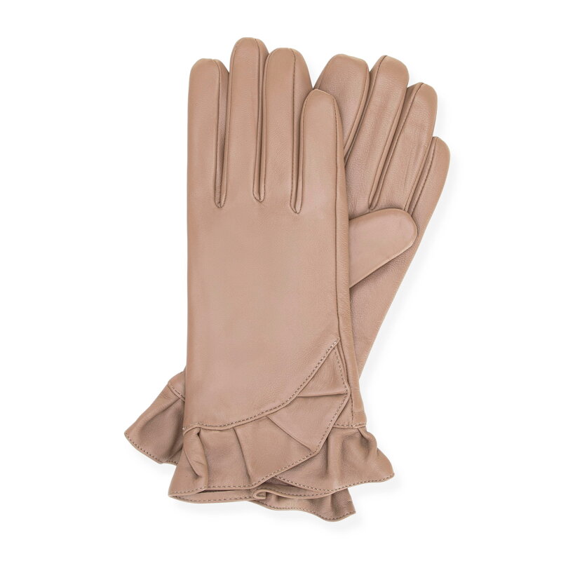 Damskie rękawiczki skórzane z dekoracyjną falbaną beżowe 39-6L-032-9