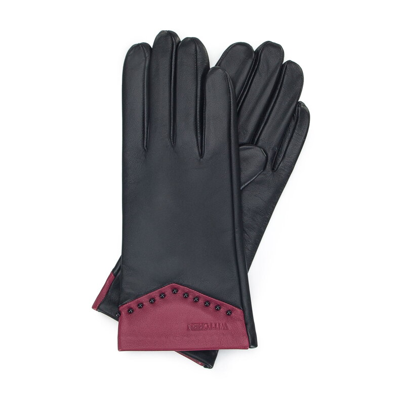 Damskie rękawiczki skórzane z koralikami czarno-różowe 45-6A-002-1
