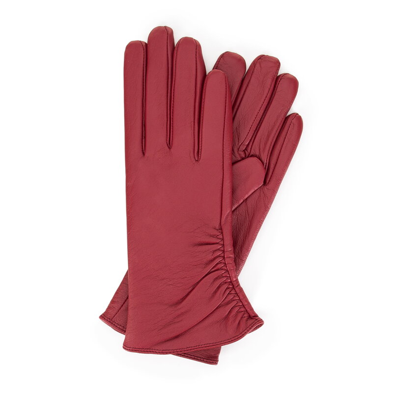 Damskie rękawiczki skórzane z marszczeniem malinowe 44-6A-006-2