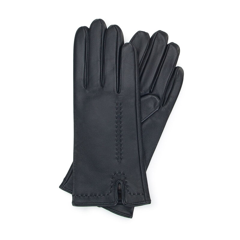 Damskie rękawiczki skórzane z ozdobnym stębnowaniem czarne 39-6A-007-1