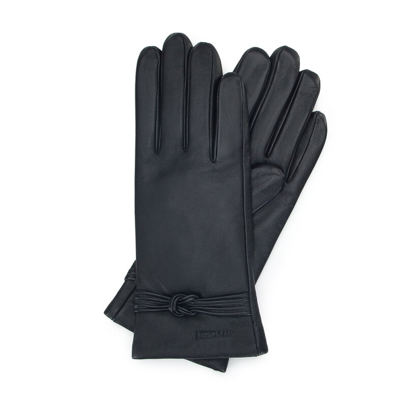 Damskie rękawiczki skórzane z supełkiem czarne 39-6A-009-1