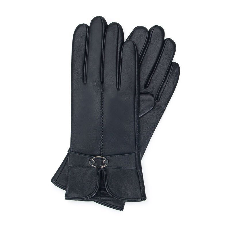 Damskie rękawiczki skórzane z wycięciem i klamerką czarne 39-6A-005-1