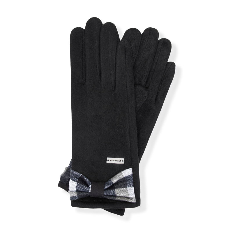 Damskie rękawiczki z kokardą w kratę czarne 39-6P-053-1