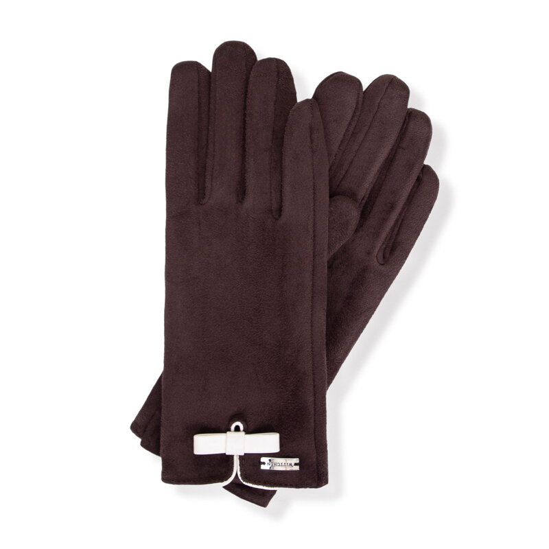 Damskie rękawiczki z małą kokardą ciemny brąz 39-6P-048-4