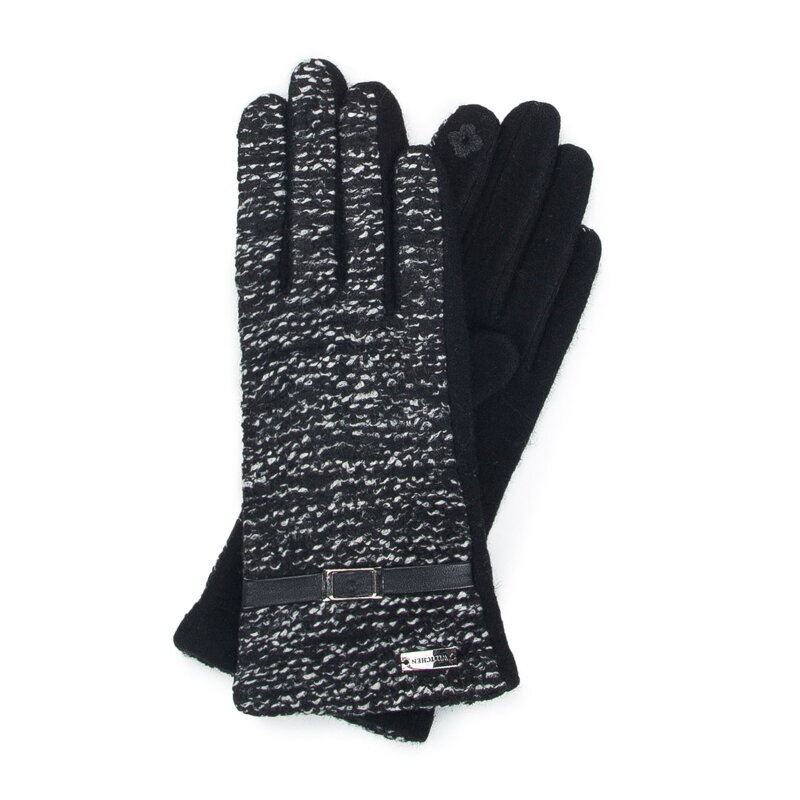 Damskie rękawiczki z tkaniny bouclé czarno-białe 47-6A-005-1X Damskie rękawiczki z tkaniny bouclé czarno-białe 47-6A-005-1X