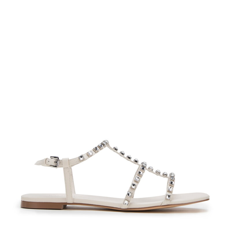 Damskie sandały skórzane z kryształkami kremowe 98-D-972-0