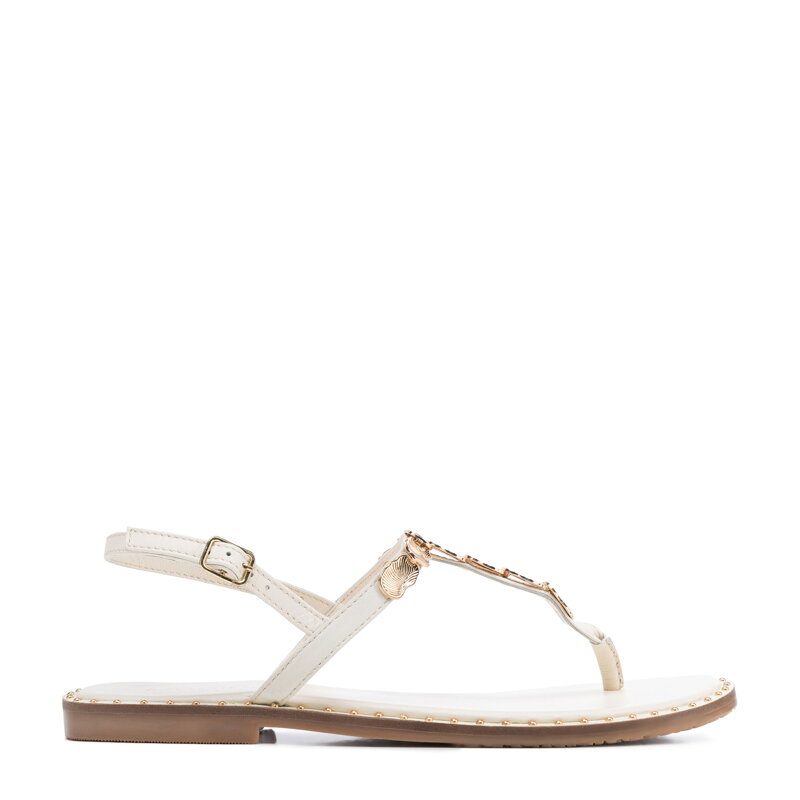 Damskie sandały ze skóry naturalnej z ozdobami kremowe 100-D-703-0