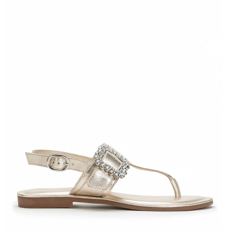Damskie sandały ze skóry z ozdobną klamrą złote 100-D-705-G