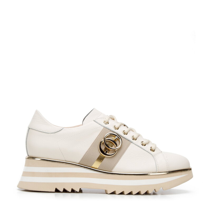 Damskie sneakersy skórzane z klamrą na platformie w pasy kremowe 94-D-112-0 Damskie sneakersy skórzane z klamrą na platformie w pasy kremowe 94-D-112-0