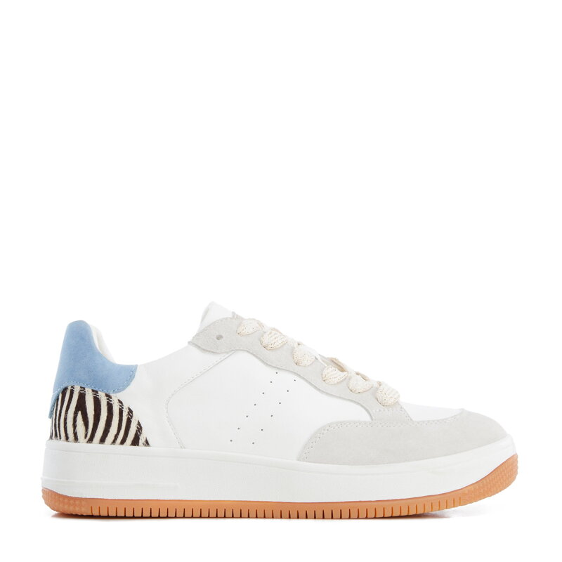 Damskie sneakersy skórzane ze wstawką z motywem zwierzęcym biało-niebieskie 96-D-964-0N Damskie sneakersy skórzane ze wstawką z motywem zwierzęcym biało-niebieskie 96-D-964-0N