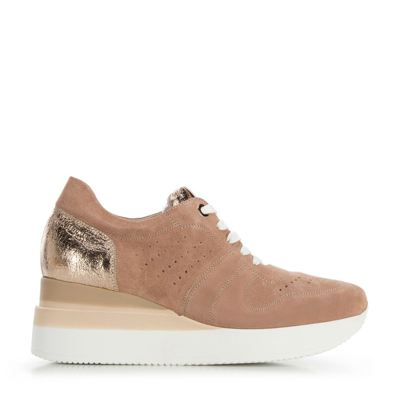 Damskie sneakersy zamszowe na koturnie w pasy zgaszony róż 95-D-654-P