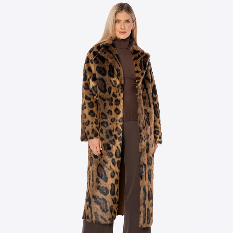 Długi płaszcz ze sztucznego futra w panterkę brązowy 101-9W-005-5