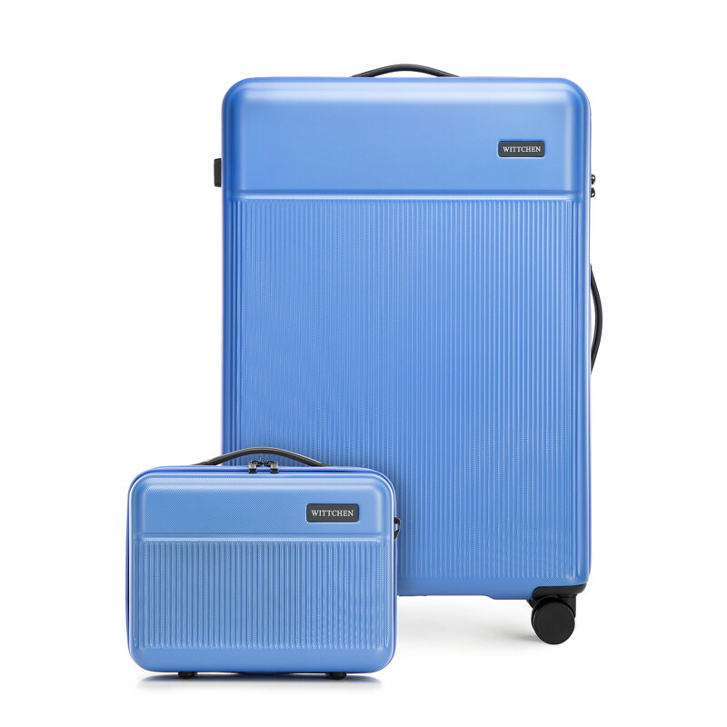 Duża walizka i kosmetyczka z ABS-u z pionowymi paskami niebieskie 56-3A-803-95K