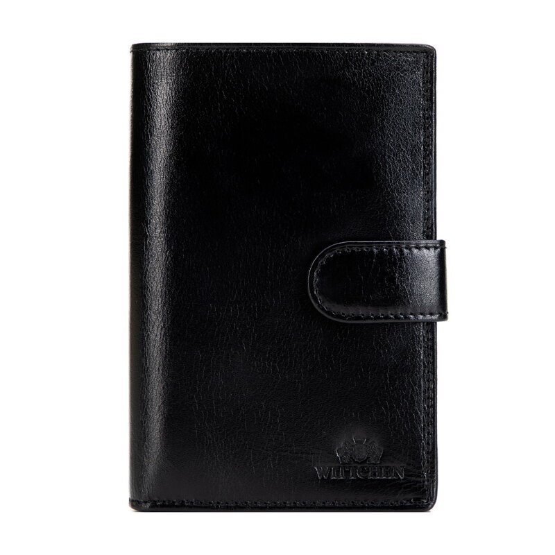 Duży portfel skórzany z zapięciem na napę czarny 21-1-035-L10