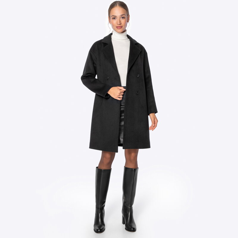 Dwurzędowy płaszcz damski z wełny czarny 101-9W-504-1