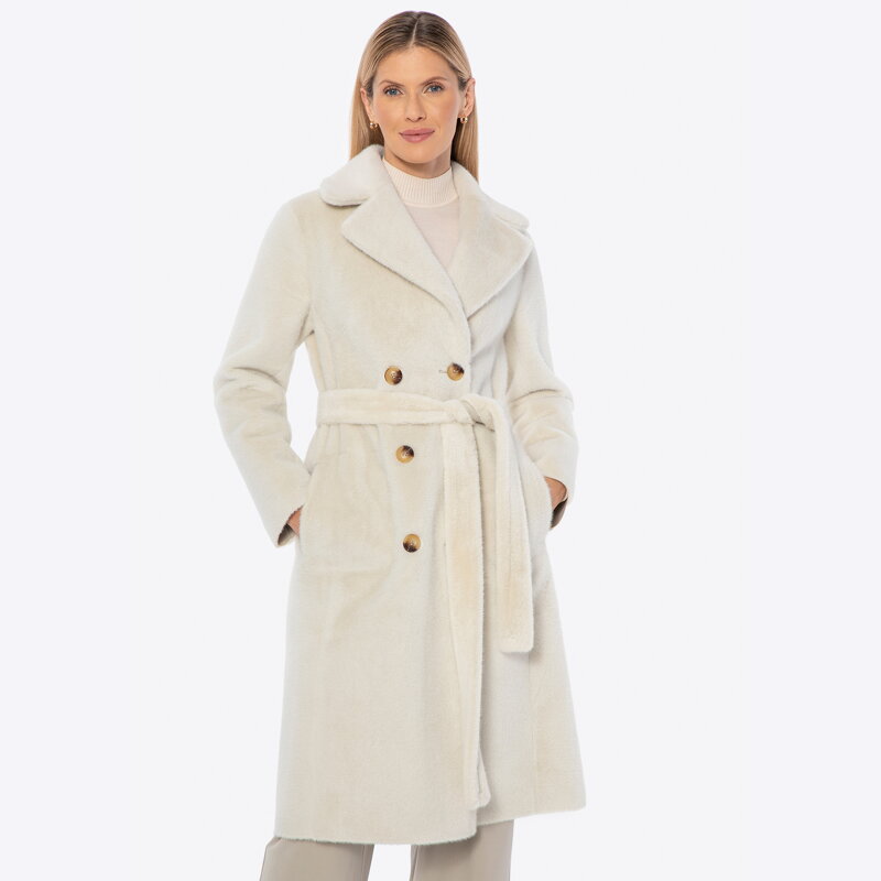 Dámsky krémový obojstranný kabát s viazaním 101-9W-000-0