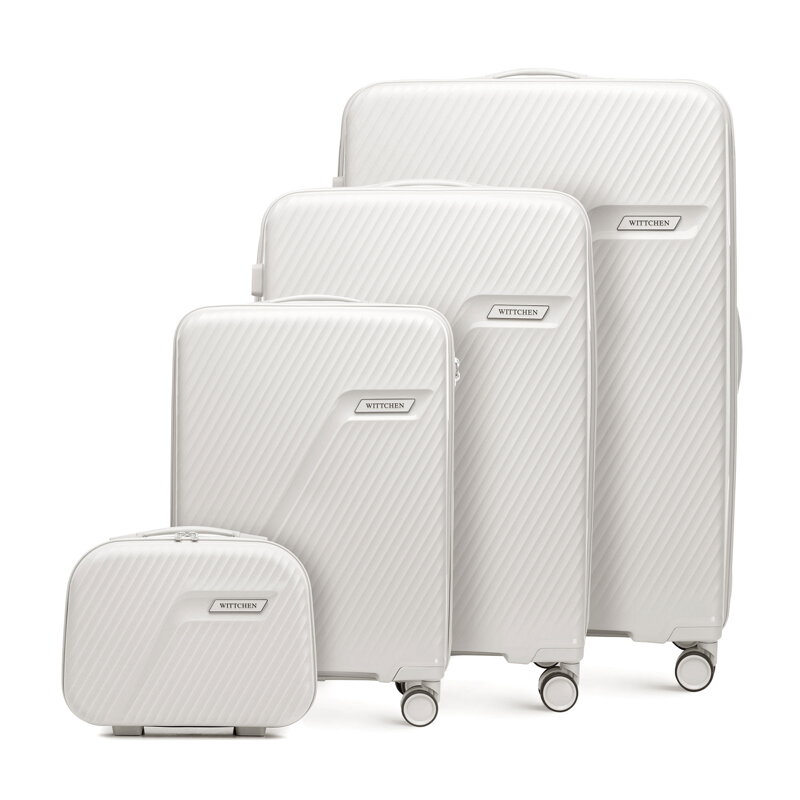 Komplet walizek z polipropylenu w ukośne pasy biało - srebrny 56-3T-50K-89