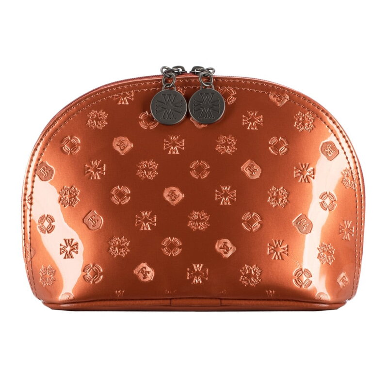 Damska kosmetyczka skórzana lakierowana z monogramem pomarańczowa 34-3-063-6S