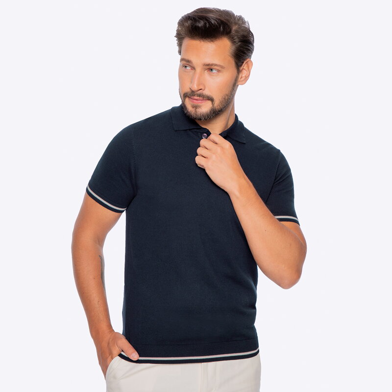 Koszulka polo męska bawełniana z lamówkami granatowa M0-99-107-N