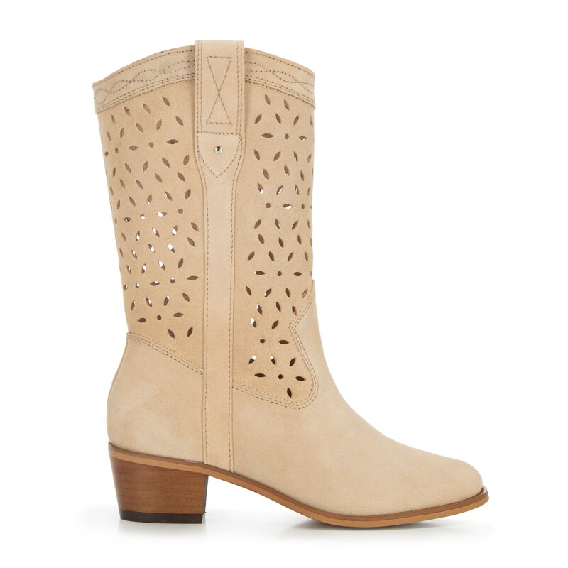 Kowbojki z ażurowego zamszu wysokie beżowe 94-D-809-9