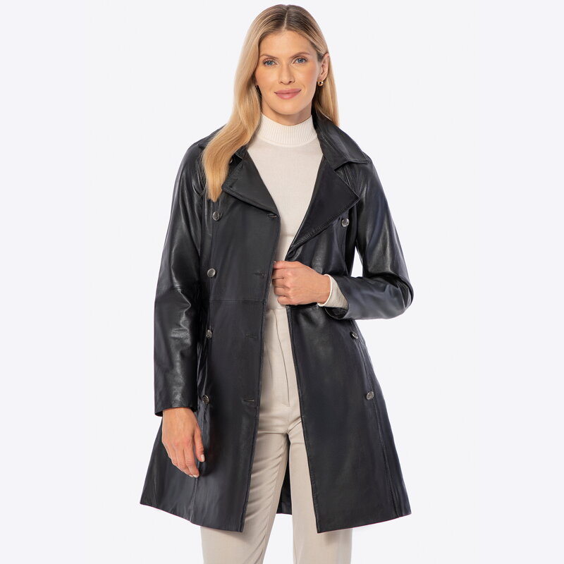 Krótki płaszcz ze skóry naturalnej owczej dwurzędowy czarny 101-09-804-1