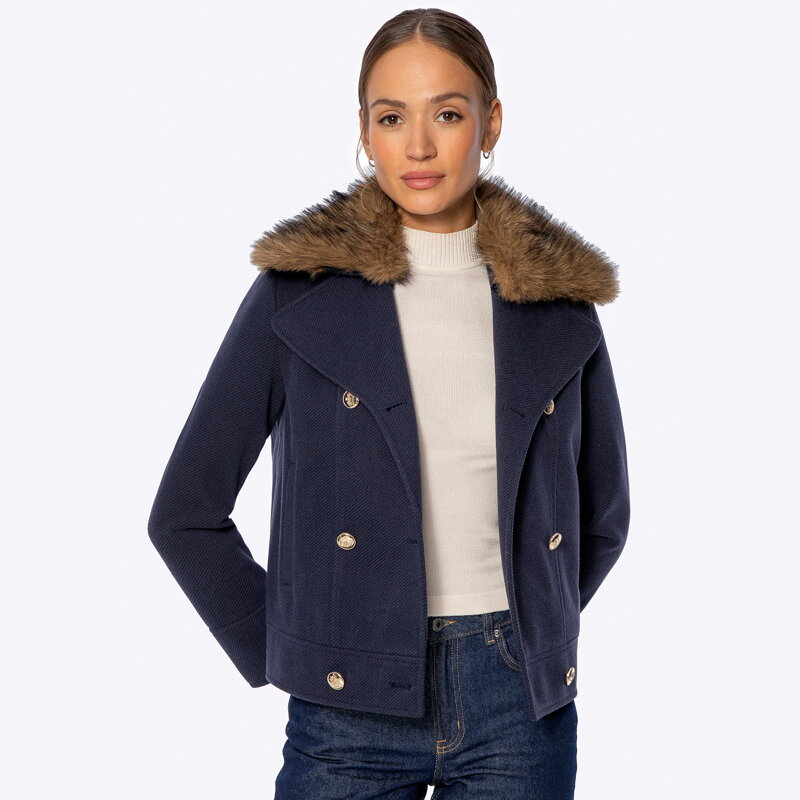 Dwurzędowa kurtka z odpinanym sztucznym futerkiem granatowa 101-9X-303-N