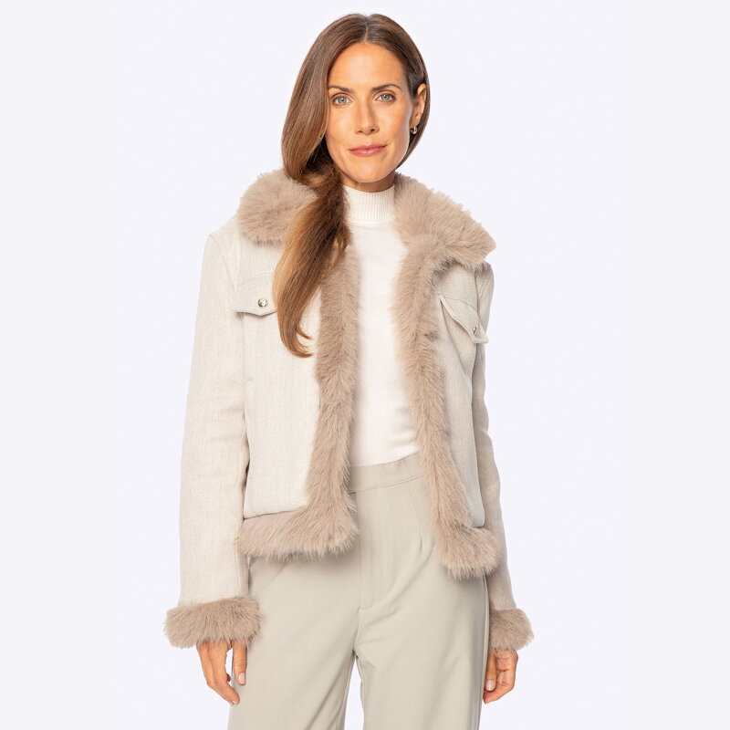 Damska kurtka z domieszką lnu i sztucznym futerkiem beżowa 101-9X-305-9