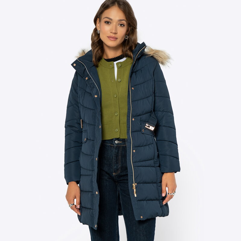 Kurtka damska pikowana z kapturem granatowa 99-9D-900-N