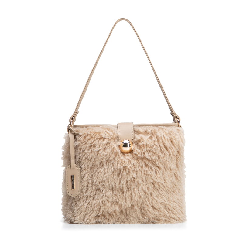 Mała torebka worek ze sztucznego futerka beżowa 101-4Y-439-9