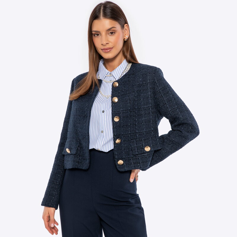Damska marynarka z tkaniny boucle krótka granatowa 100-9X-501-N Damska marynarka z tkaniny boucle krótka granatowa 100-9X-501-N