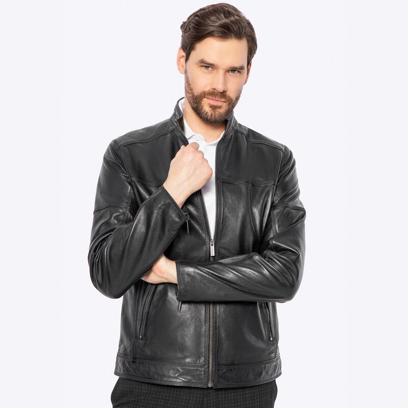 Męska kurtka biker ze skóry naturalnej czarna 100-09-807-1