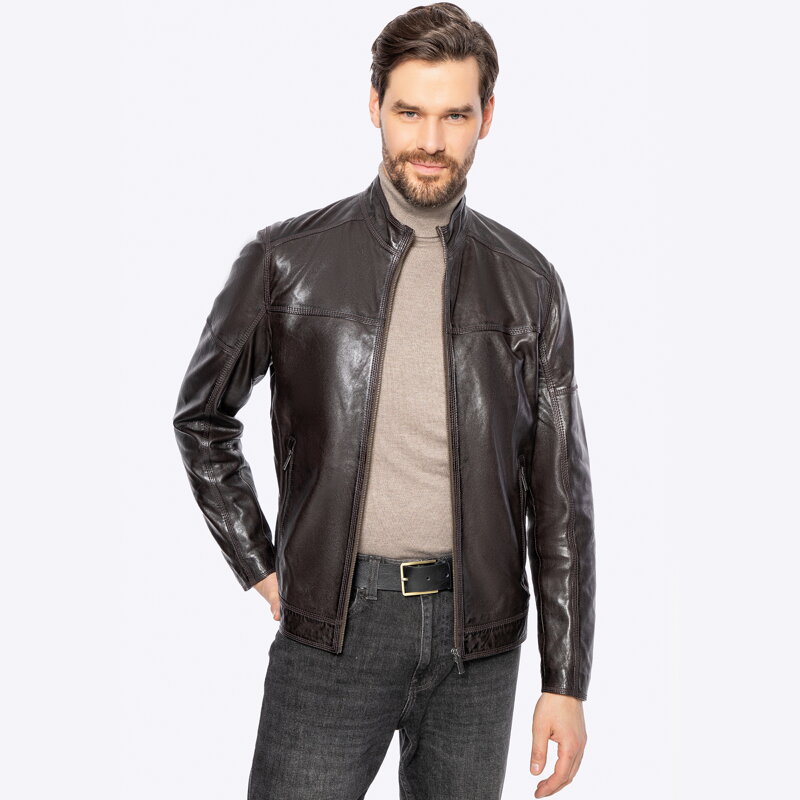 Męska kurtka biker ze skóry naturalnej ciemny brąz 100-09-807-4 Męska kurtka biker ze skóry naturalnej ciemny brąz 100-09-807-4