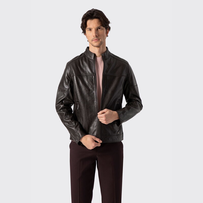 Męska kurtka biker ze skóry naturalnej ciemny brąz 100-09-807-4