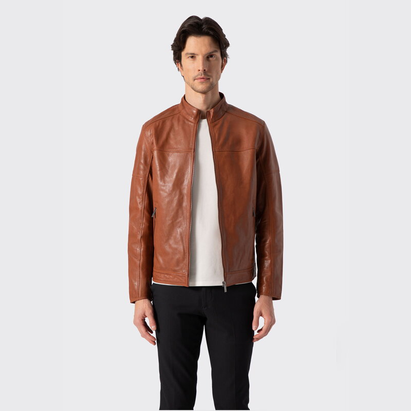 Męska kurtka biker ze skóry naturalnej jasny brąz 100-09-807-5