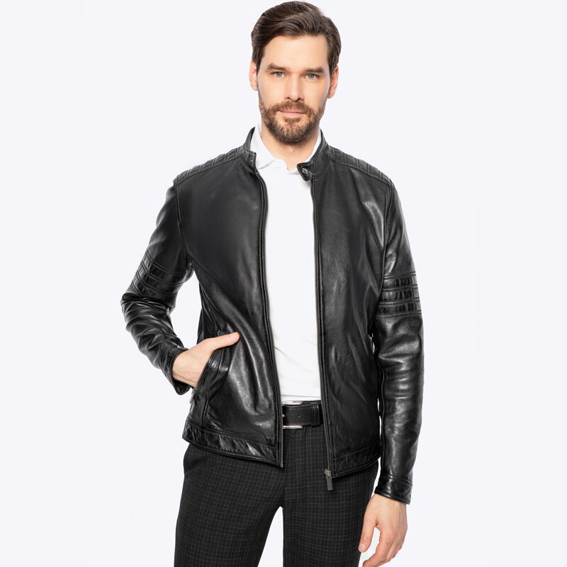 Męska kurtka biker ze skóry z przeszyciami czarna 100-09-808-1