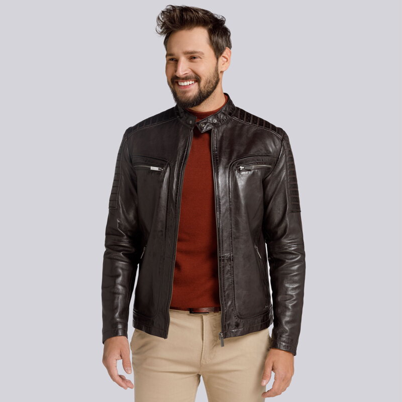 Męska kurtka skórzana z zapinaną stójką i pikowaniem 94-09-850-4