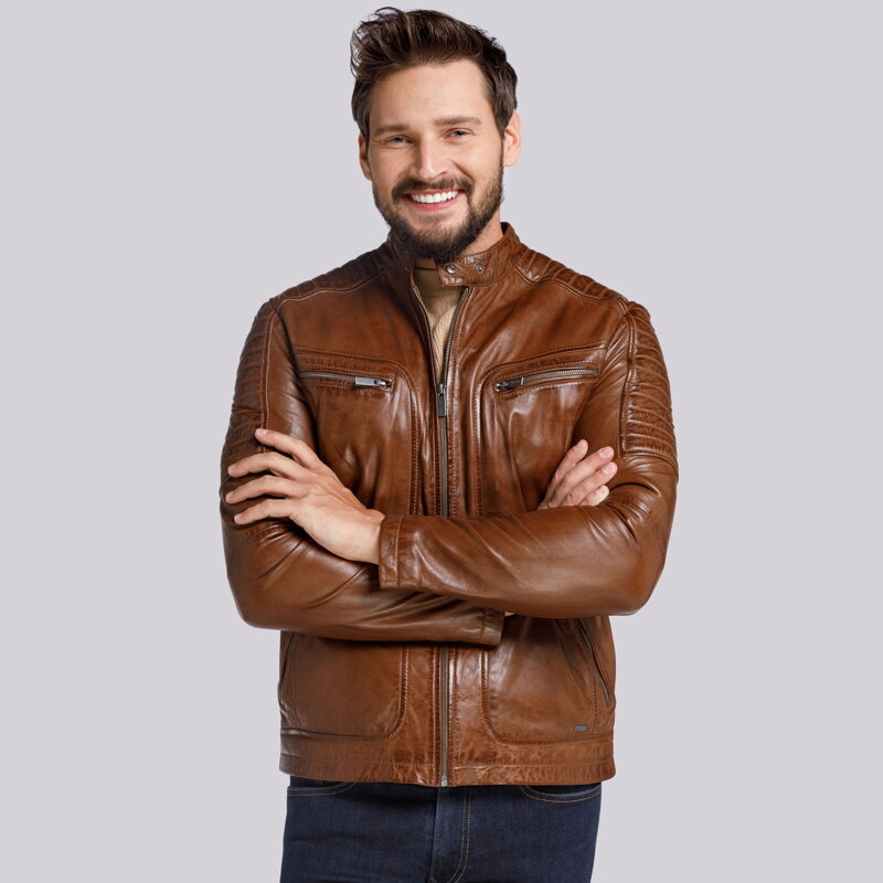 Męska kurtka skórzana z zapinaną stójką i pikowaniem 94-09-850-5