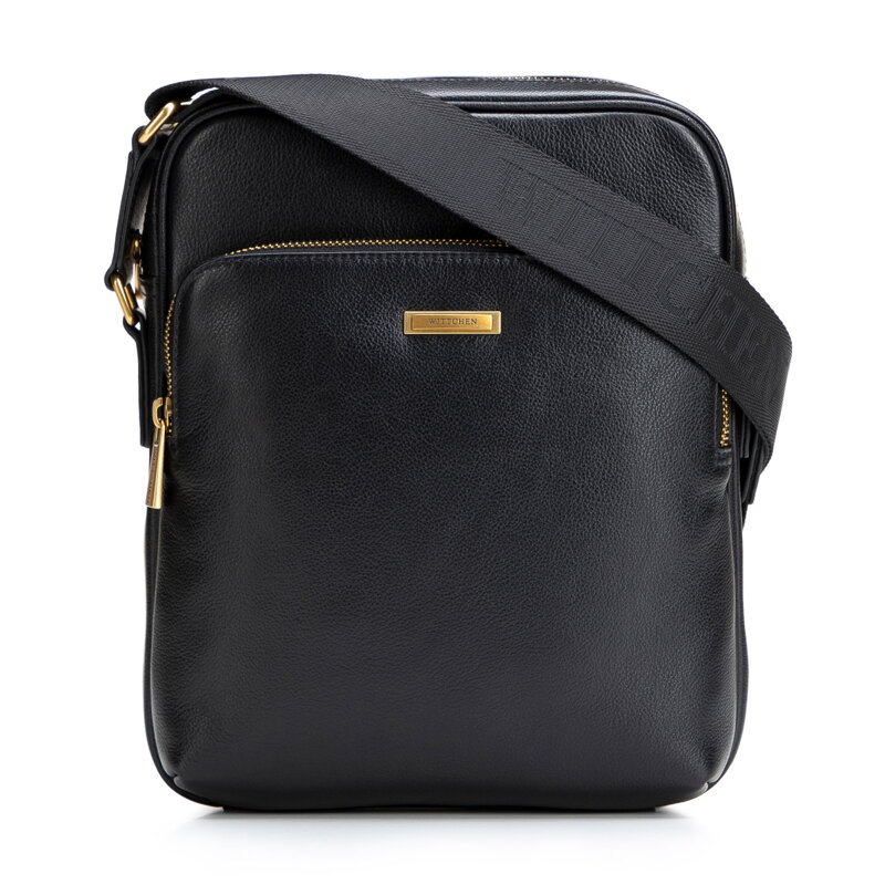 Męska listonoszka skórzana z dodatkową kieszenią czarno - złota 102-4U-603-1G